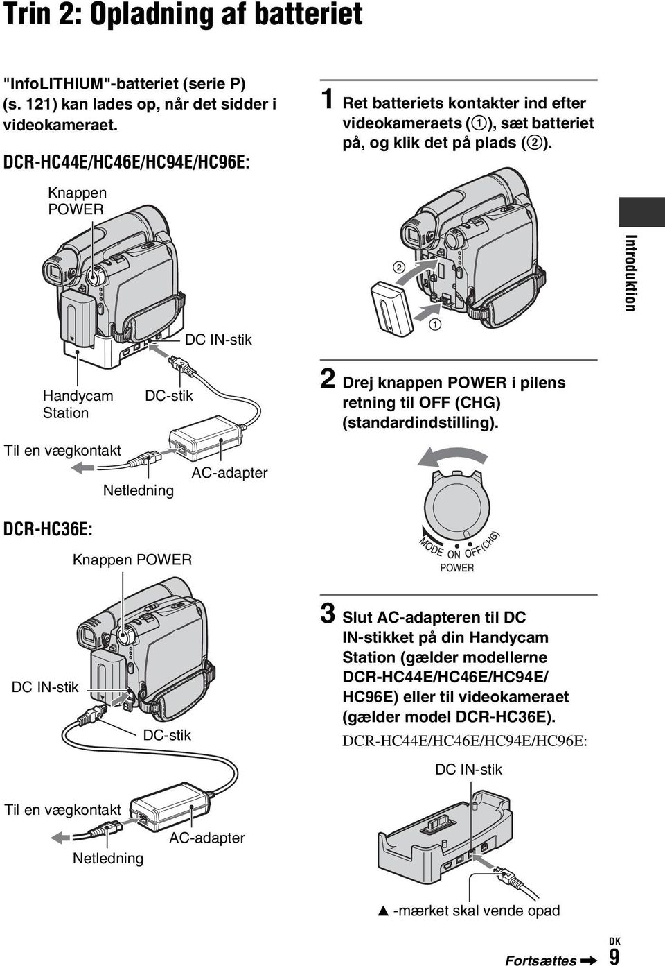 Knappen POWER DC IN-stik 2 1 Introduktion Handycam Station DC-stik 2 Drej knappen POWER i pilens retning til OFF (CHG) (standardindstilling).