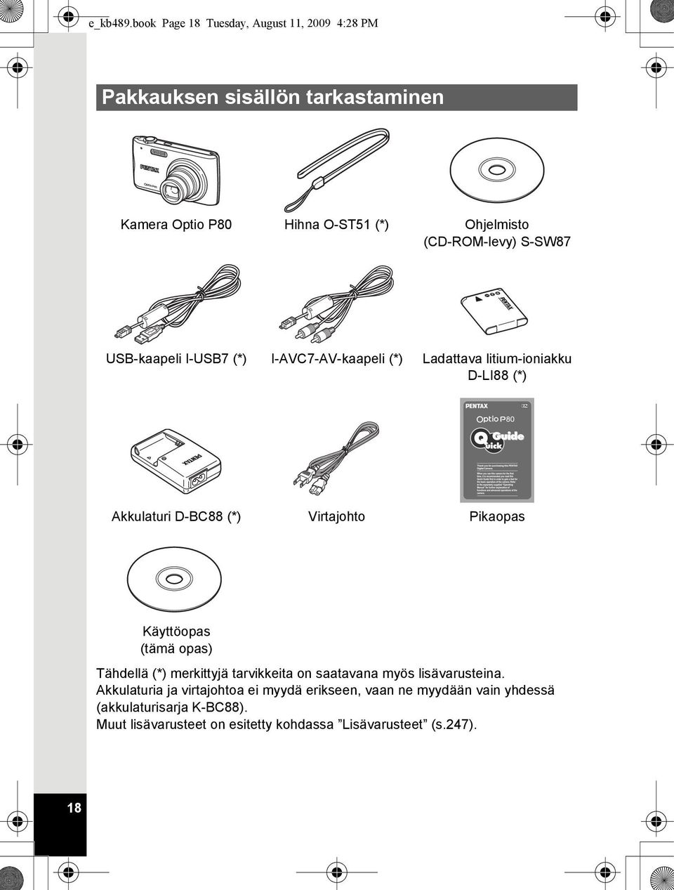 (CD-ROM-levy) S-SW87 USB-kaapeli I-USB7 (*) I-AVC7-AV-kaapeli (*) Ladattava litium-ioniakku D-LI88 (*) Akkulaturi D-BC88 (*)