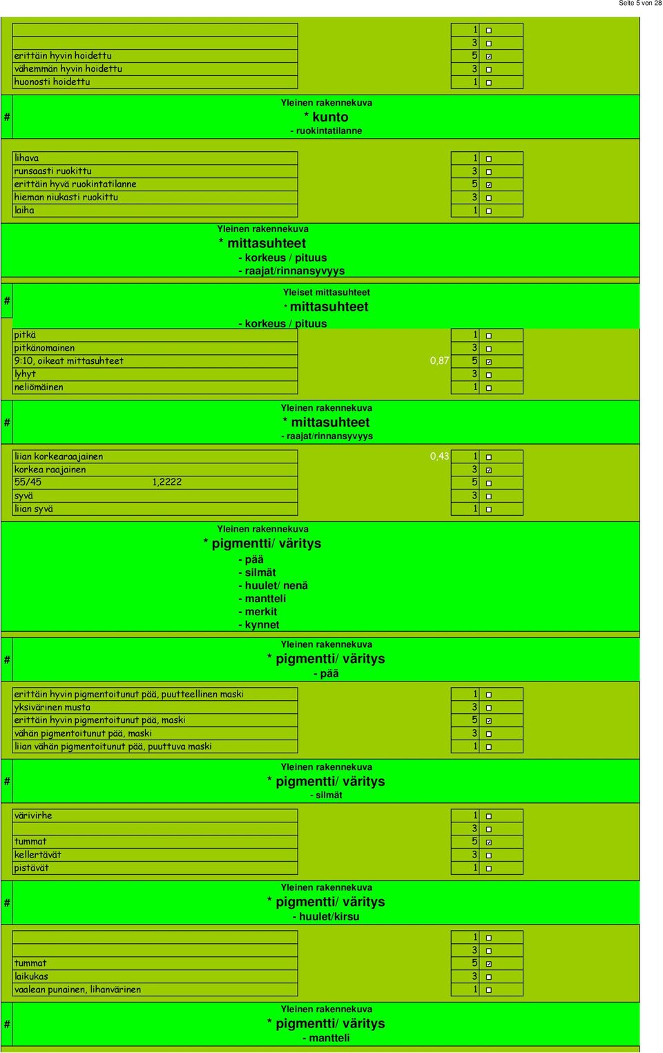 mittasuhteet - raajat/rinnansyvyys liian korkearaajainen 0,4 korkea raajainen,44467 0,4 /4,2222,000000 0,4 syvä,09999878 0,4 liian syvä 0,4 * pigmentti/ väritys - pää - silmät - huulet/ nenä -