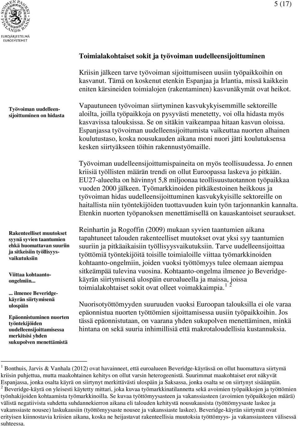 Työvoiman uudelleensijoittuminen on hidasta Vapautuneen työvoiman siirtyminen kasvukykyisemmille sektoreille aloilta, joilla työpaikkoja on pysyvästi menetetty, voi olla hidasta myös kasvavissa