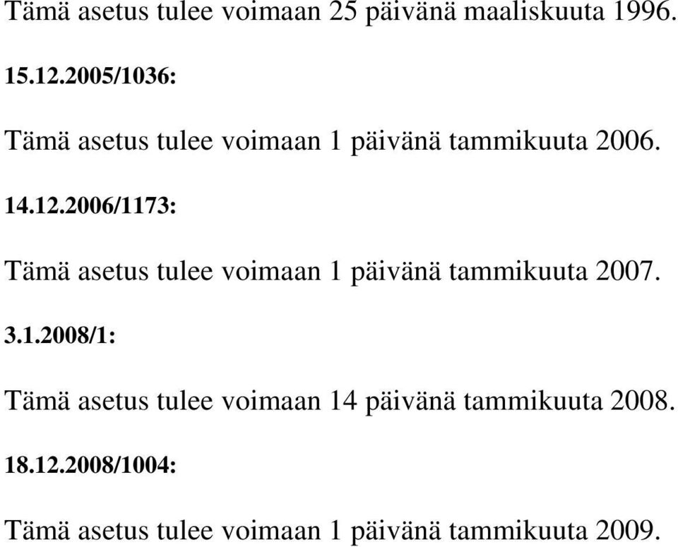 2006/1173: Tämä asetus tulee voimaan 1 päivänä tammikuuta 2007. 3.1.2008/1: Tämä asetus tulee voimaan 14 päivänä tammikuuta 2008.