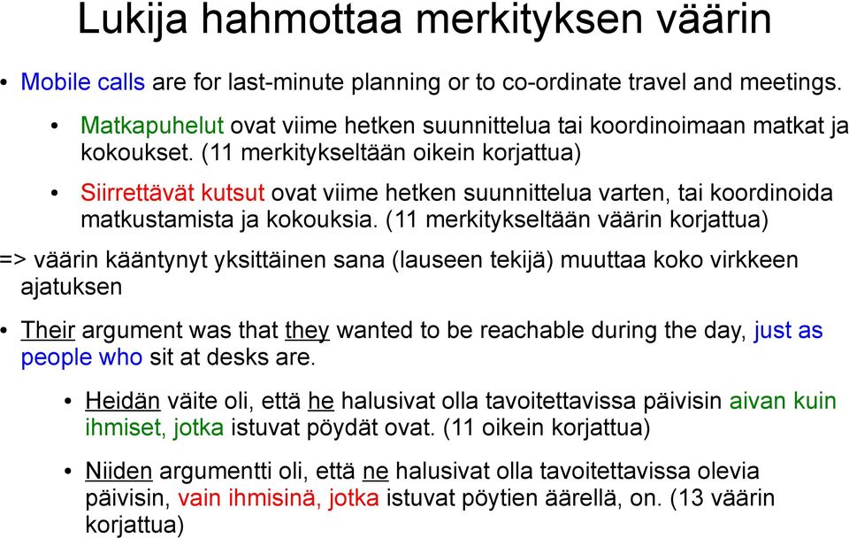 (11 merkitykseltään väärin korjattua) => väärin kääntynyt yksittäinen sana (lauseen tekijä) muuttaa koko virkkeen ajatuksen Their argument was that they wanted to be reachable during the day, just as