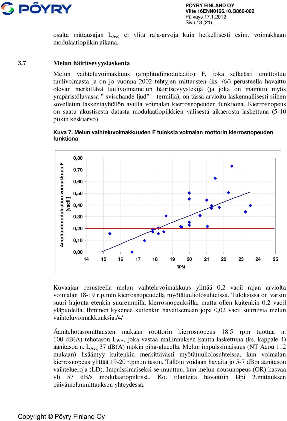 /6/) perusteella havaittu olevan merkittävä tuulivoimamelun häiritsevyystekijä (ja joka on mainittu myös ympäristöluvassa svischande ljud termillä), on tässä arvioitu laskennallisesti siihen