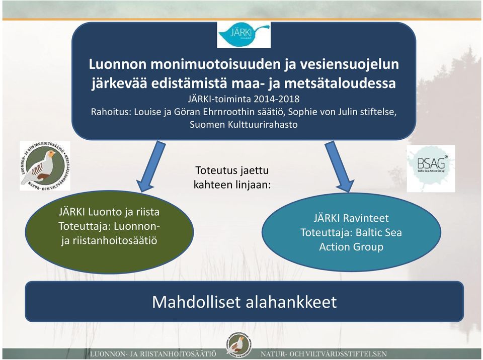 Julinstiftelse, Suomen Kulttuurirahasto Toteutus jaettu kahteen linjaan: JÄRKI Luonto ja riista