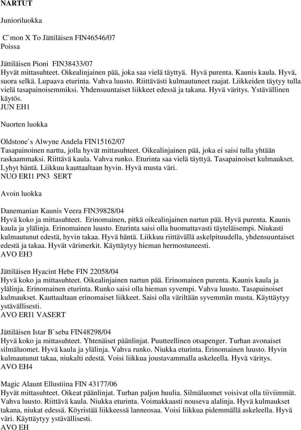 JUN EH1 Oldstone`s Alwyne Andela FIN15162/07 Tasapainoinen narttu, jolla hyvät mittasuhteet. Oikealinjainen pää, joka ei saisi tulla yhtään raskaammaksi. Riittävä kaula. Vahva runko.