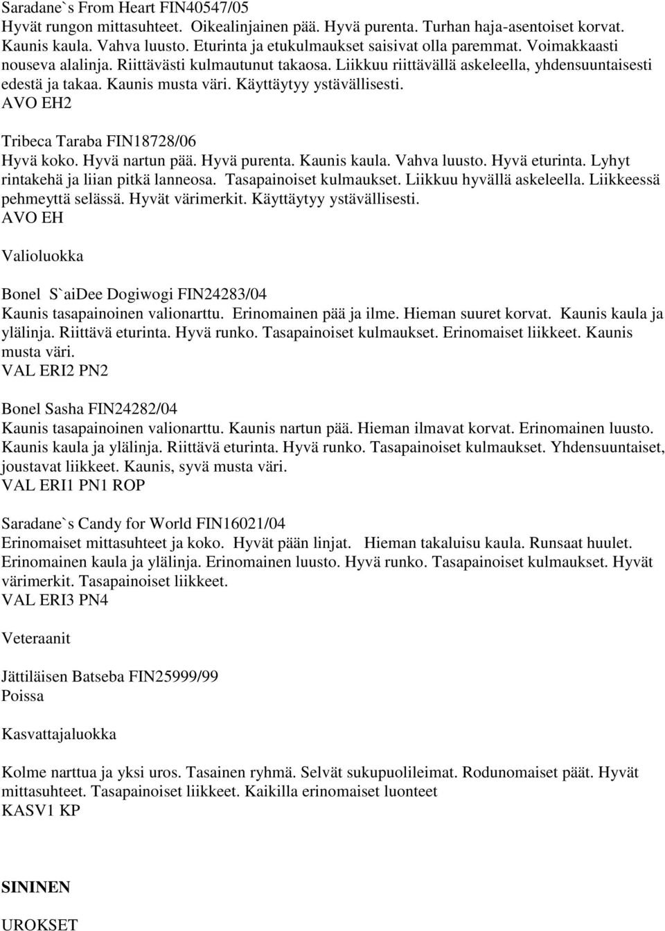 Käyttäytyy ystävällisesti. AVO EH2 Tribeca Taraba FIN18728/06 Hyvä koko. Hyvä nartun pää. Hyvä purenta. Kaunis kaula. Vahva luusto. Hyvä eturinta. Lyhyt rintakehä ja liian pitkä lanneosa.