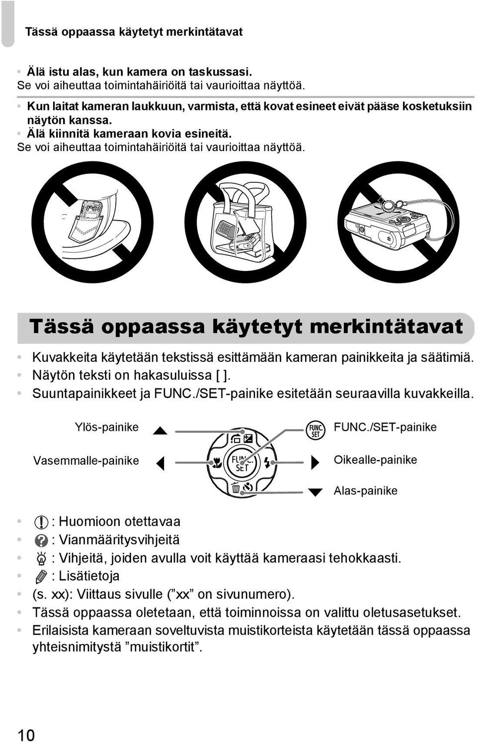 Tässä oppaassa käytetyt merkintätavat Kuvakkeita käytetään tekstissä esittämään kameran painikkeita ja säätimiä. Näytön teksti on hakasuluissa [ ]. Suuntapainikkeet ja FUNC.