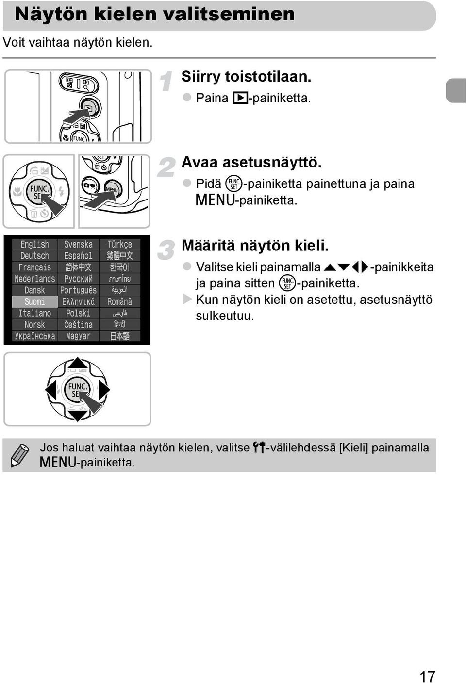 Valitse kieli painamalla opqr-painikkeita ja paina sitten m-painiketta.