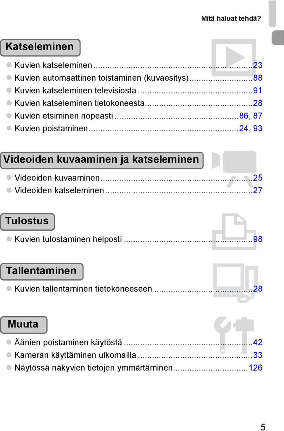 ..24, 93 Videoiden kuvaaminen ja katseleminen E Videoiden kuvaaminen...25 Videoiden katseleminen...27 Tulostus 2 Kuvien tulostaminen helposti.