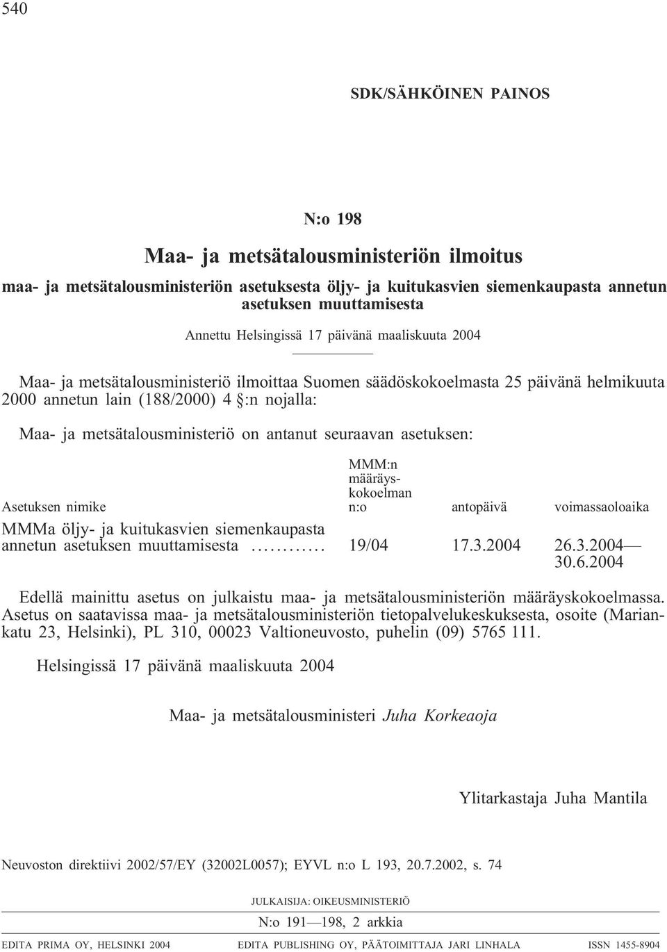 on antanut seuraavan asetuksen: Asetuksen nimike MMM:n määräyskokoelman n:o antopäivä voimassaoloaika MMMa öljy- ja kuitukasvien siemenkaupasta annetun asetuksen muuttamisesta... 19/04 17.3.2004 26.3.2004 30.