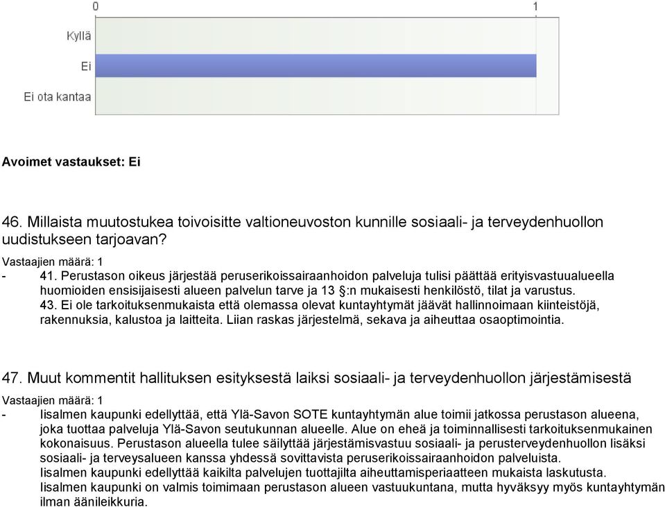 43. Ei ole tarkoituksenmukaista että olemassa olevat kuntayhtymät jäävät hallinnoimaan kiinteistöjä, rakennuksia, kalustoa ja laitteita. Liian raskas järjestelmä, sekava ja aiheuttaa osaoptimointia.