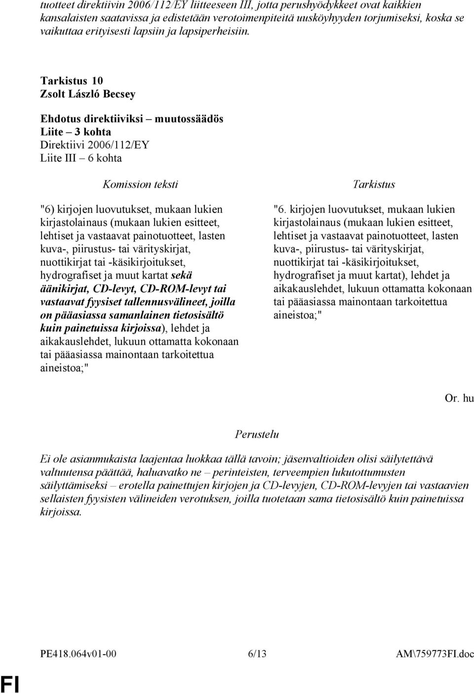 10 Zsolt László Becsey Liite 3 kohta Liite III 6 kohta "6) kirjojen luovutukset, mukaan lukien kirjastolainaus (mukaan lukien esitteet, lehtiset ja vastaavat painotuotteet, lasten kuva-, piirustus-