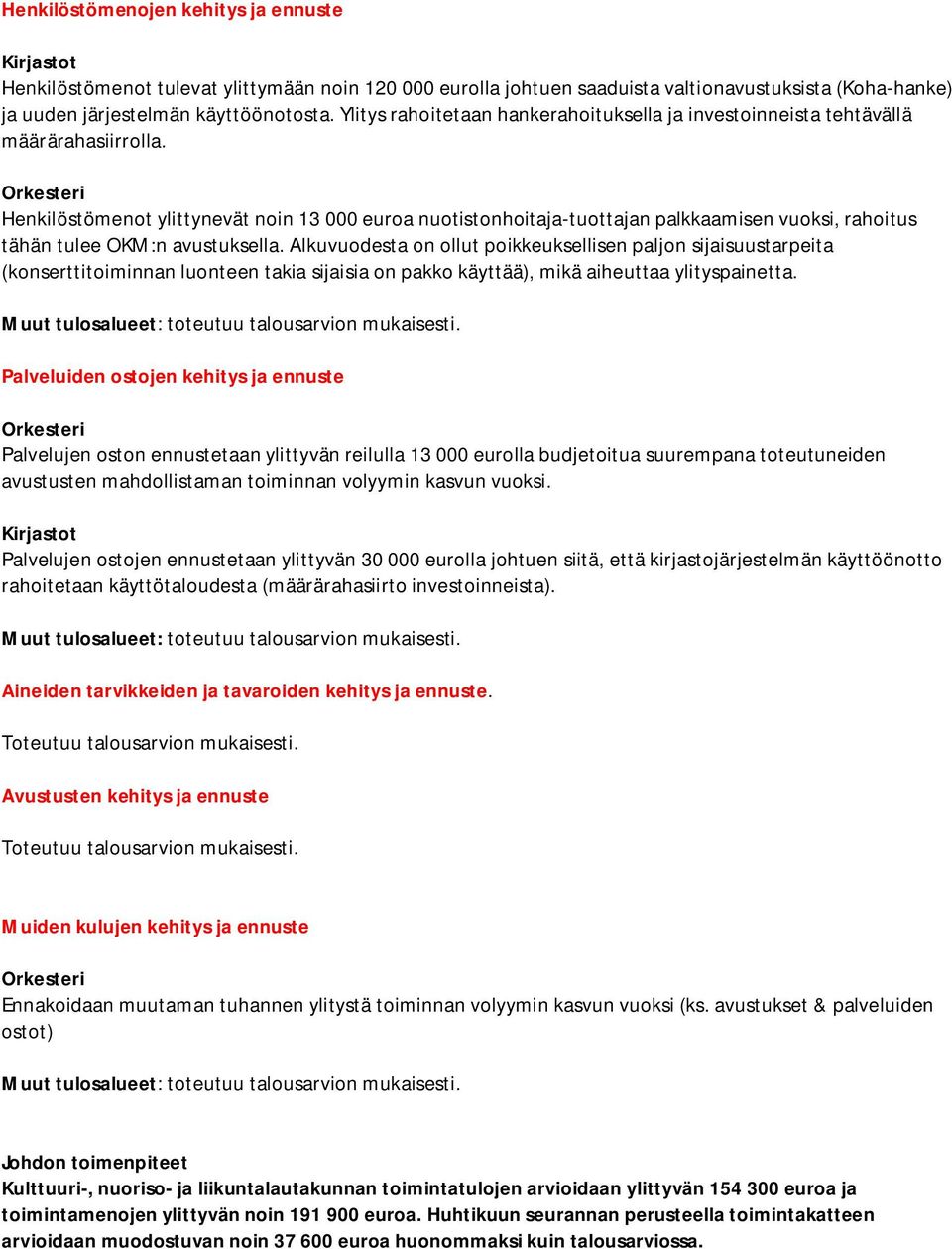 Orkesteri Henkilöstömenot ylittynevät noin 13 000 euroa nuotistonhoitaja-tuottajan palkkaamisen vuoksi, rahoitus tähän tulee OKM:n avustuksella.