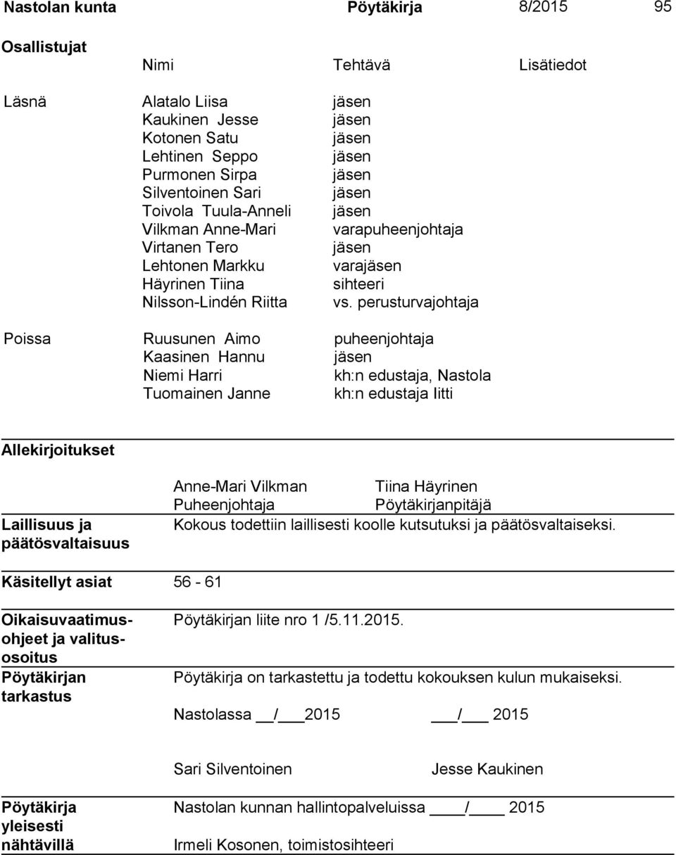 perusturvajohtaja Poissa Ruusunen Aimo puheenjohtaja Kaasinen Hannu jäsen Niemi Harri kh:n edustaja, Nastola Tuomainen Janne kh:n edustaja Iitti Allekirjoitukset Laillisuus ja päätösvaltaisuus