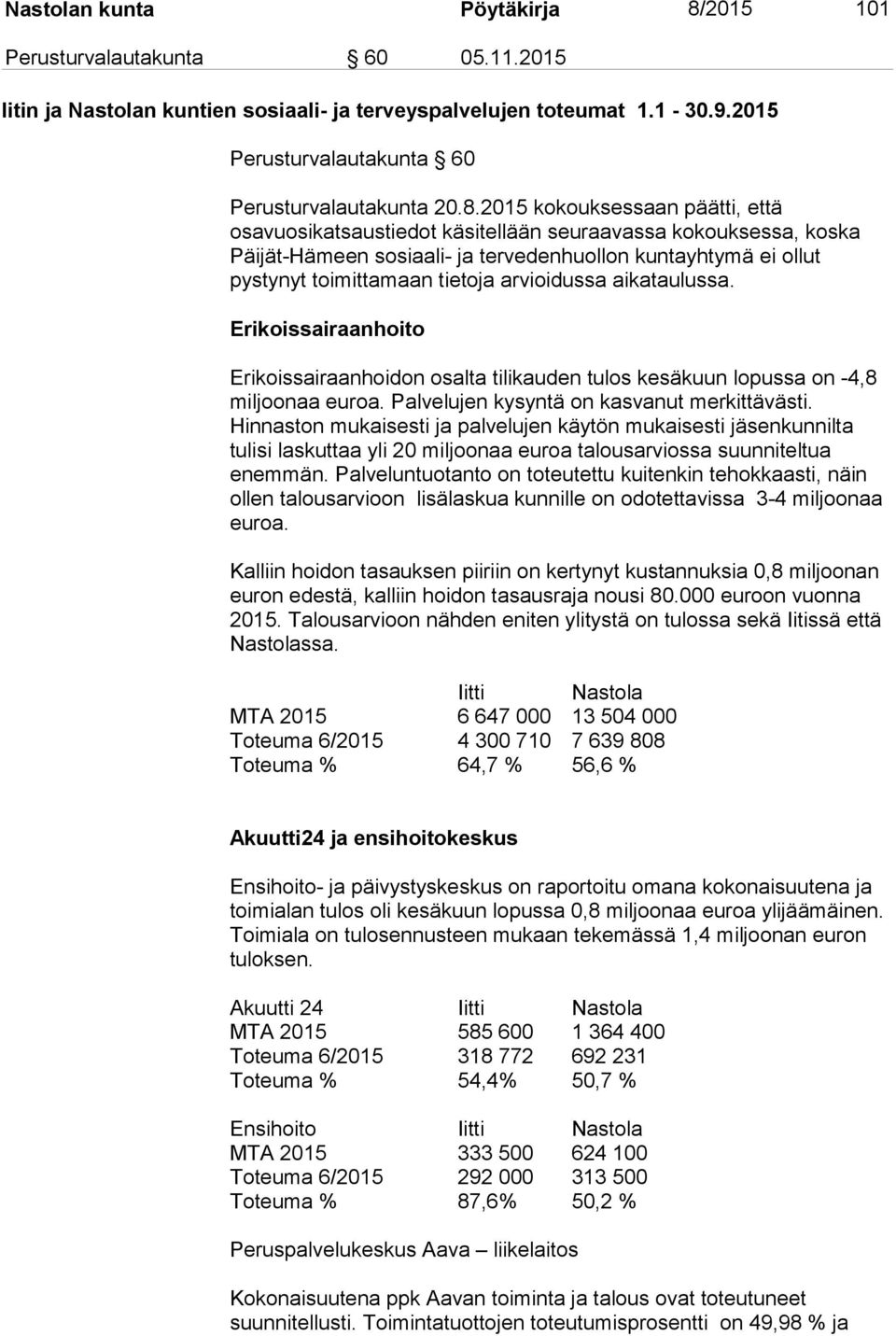 arvioidussa aikataulussa. Erikoissairaanhoito Erikoissairaanhoidon osalta tilikauden tulos kesäkuun lopussa on -4,8 miljoonaa euroa. Palvelujen kysyntä on kasvanut merkittävästi.