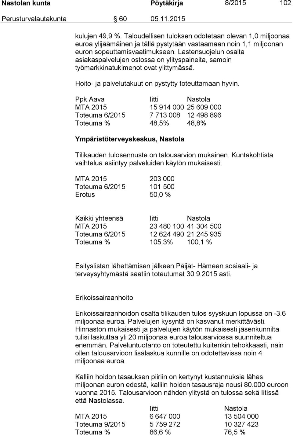 Lastensuojelun osalta asiakaspalvelujen ostossa on ylityspaineita, samoin työmarkkinatukimenot ovat ylittymässä. Hoito- ja palvelutakuut on pystytty toteuttamaan hyvin.