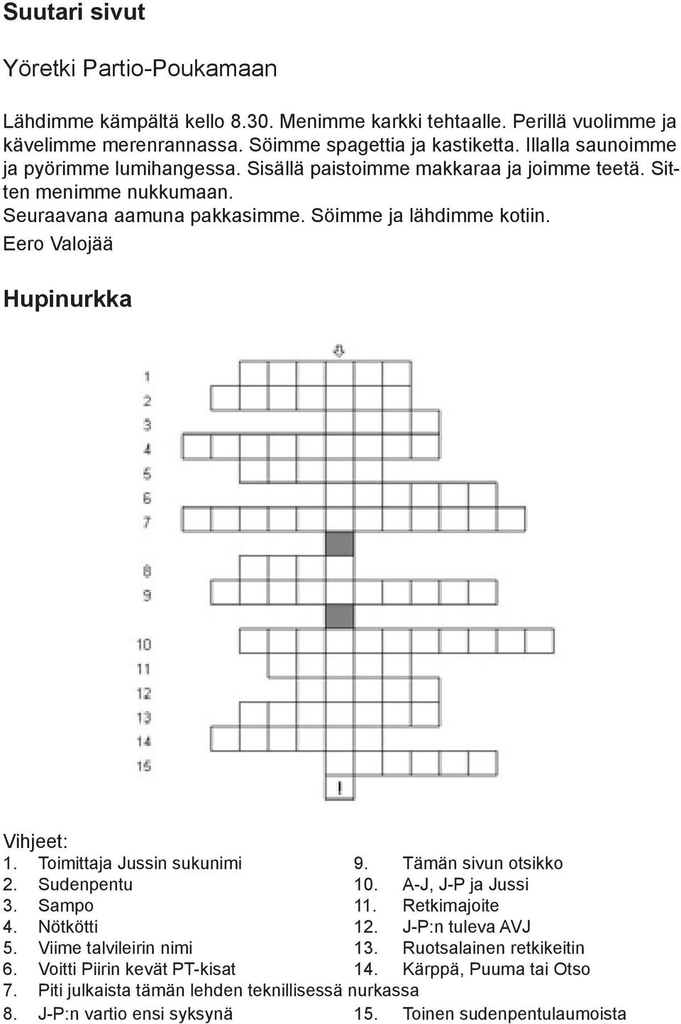 Eero Valojää Hupinurkka Vihjeet: 1. Toimittaja Jussin sukunimi 9. Tämän sivun otsikko 2. Sudenpentu 10. A-J, J-P ja Jussi 3. Sampo 11. Retkimajoite 4. Nötkötti 12. J-P:n tuleva AVJ 5.