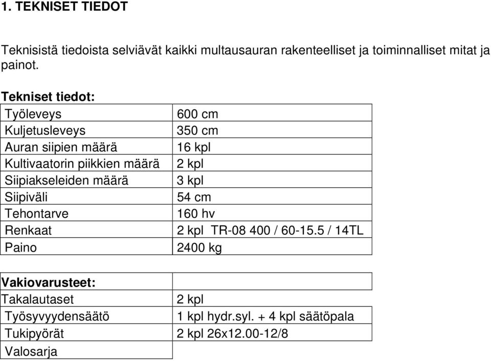 Siipiväli Tehontarve Renkaat Paino Vakiovarusteet: Takalautaset Työsyvyydensäätö Tukipyörät Valosarja 600 cm 350 cm 16