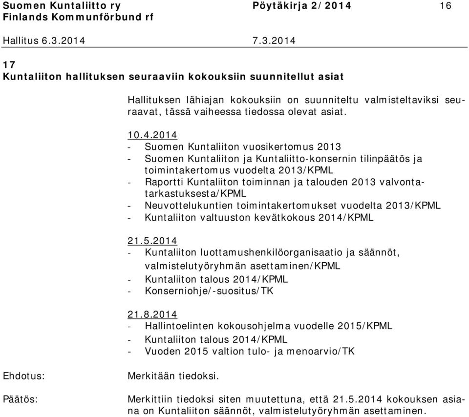 2014 - Suomen Kuntaliiton vuosikertomus 2013 - Suomen Kuntaliiton ja Kuntaliitto-konsernin tilinpäätös ja toimintakertomus vuodelta 2013/KPML - Raportti Kuntaliiton toiminnan ja talouden 2013