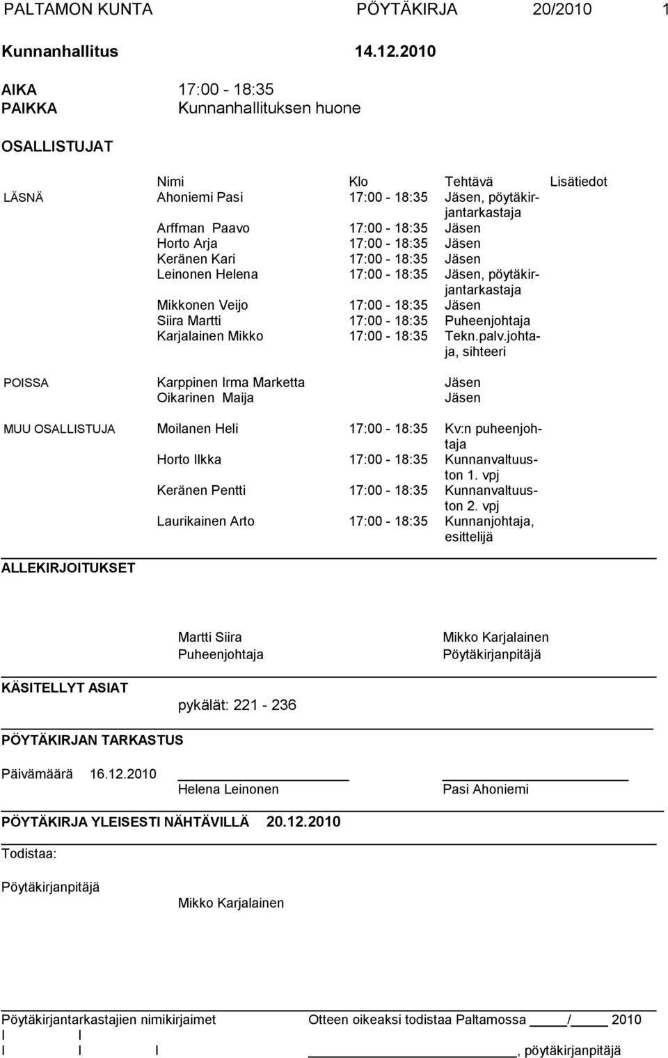 17:00-18:35 Jäsen Keränen Kari 17:00-18:35 Jäsen Leinonen Helena 17:00-18:35 Jäsen, pöytäkirjantarkastaja Mikkonen Veijo 17:00-18:35 Jäsen Siira Martti 17:00-18:35 Puheenjohtaja Karjalainen Mikko