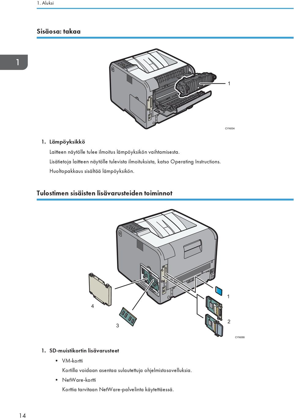 Huoltopakkaus sisältää lämpöyksikön. Tulostimen sisäisten lisävarusteiden toiminnot 1 4 3 2 CYN088 1.