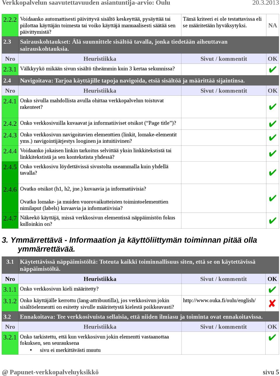 2.4.1 Onko sivulla mahdollista avulla ohittaa verkkopalvelun toistuvat rakenteet? 2.4.2 Onko verkkosivuilla kuvaavat ja informatiiviset otsikot ( Page title )? 2.4.3 Onko verkkosivun navigoitavien elementtien (linkit, lomake-elementit yms.