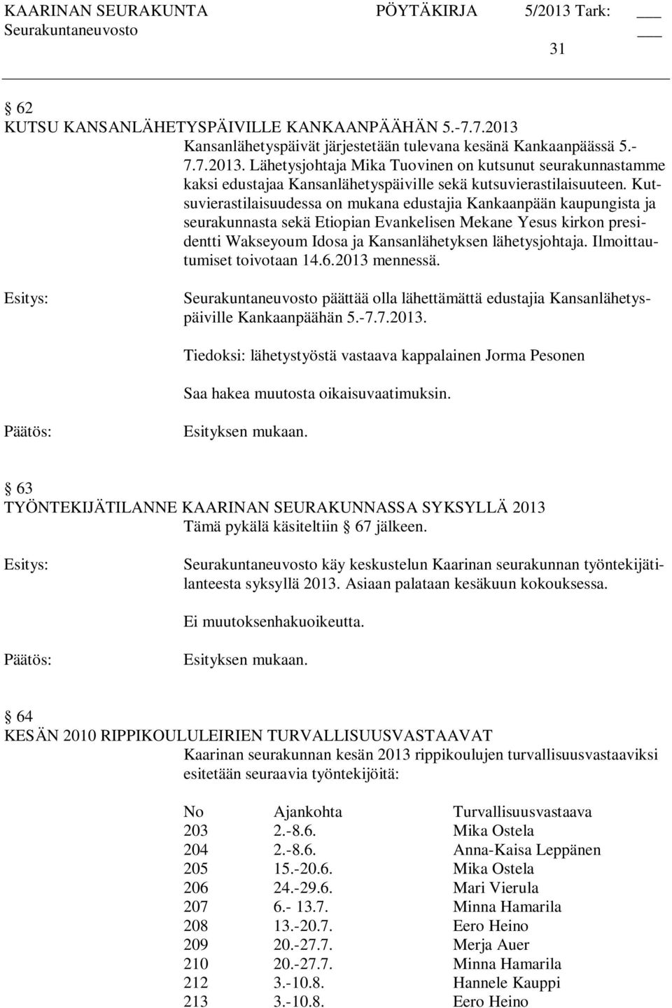 Ilmoittautumiset toivotaan 14.6.2013 mennessä. Seurakuntaneuvosto päättää olla lähettämättä edustajia Kansanlähetyspäiville Kankaanpäähän 5.-7.7.2013. Tiedoksi: lähetystyöstä vastaava kappalainen Jorma Pesonen Saa hakea muutosta oikaisuvaatimuksin.