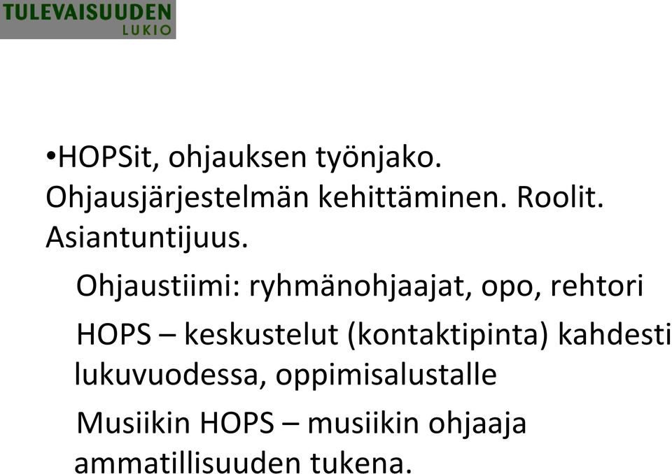 Ohjaustiimi: ryhmänohjaajat, opo, rehtori HOPS keskustelut