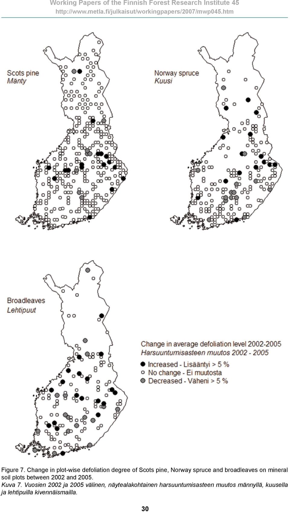 and broadleaves on mineral soil plots between 2002 and 2005. Kuva 7.