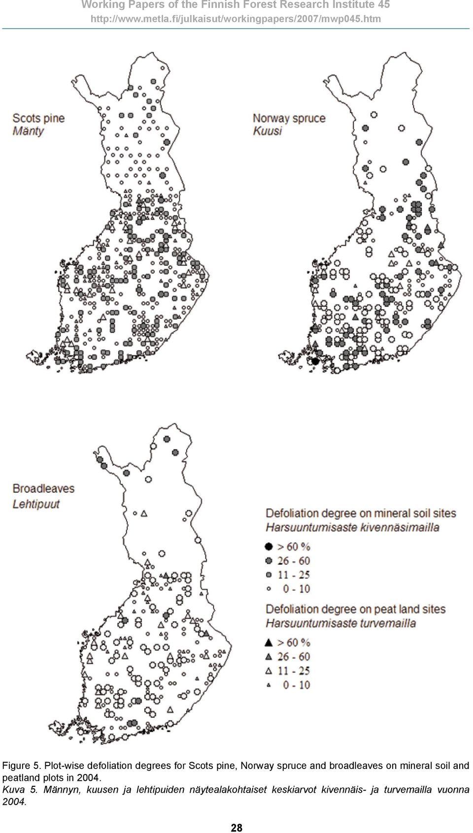 and broadleaves on mineral soil and peatland plots in 2004.