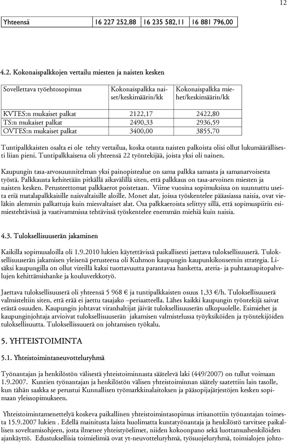 naisten palkoista olisi ollut lukumäärällisesti liian pieni. Tuntipalkkaisena oli yhteensä 22 työntekijää, joista yksi oli nainen.