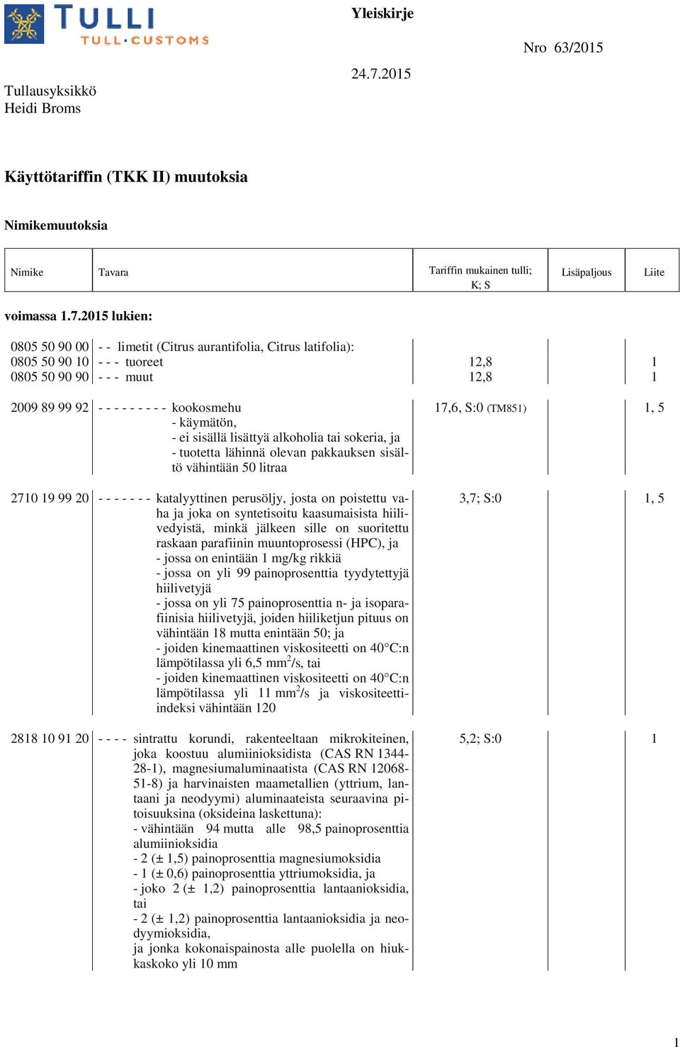 2015 lukien: 0805 50 90 00 - - limetit (Citrus aurantifolia, Citrus latifolia): 0805 50 90 10 - - - tuoreet 12,8 1 0805 50 90 90 - - - muut 12,8 1 2009 89 99 92 - - - - - - - - - kookosmehu -