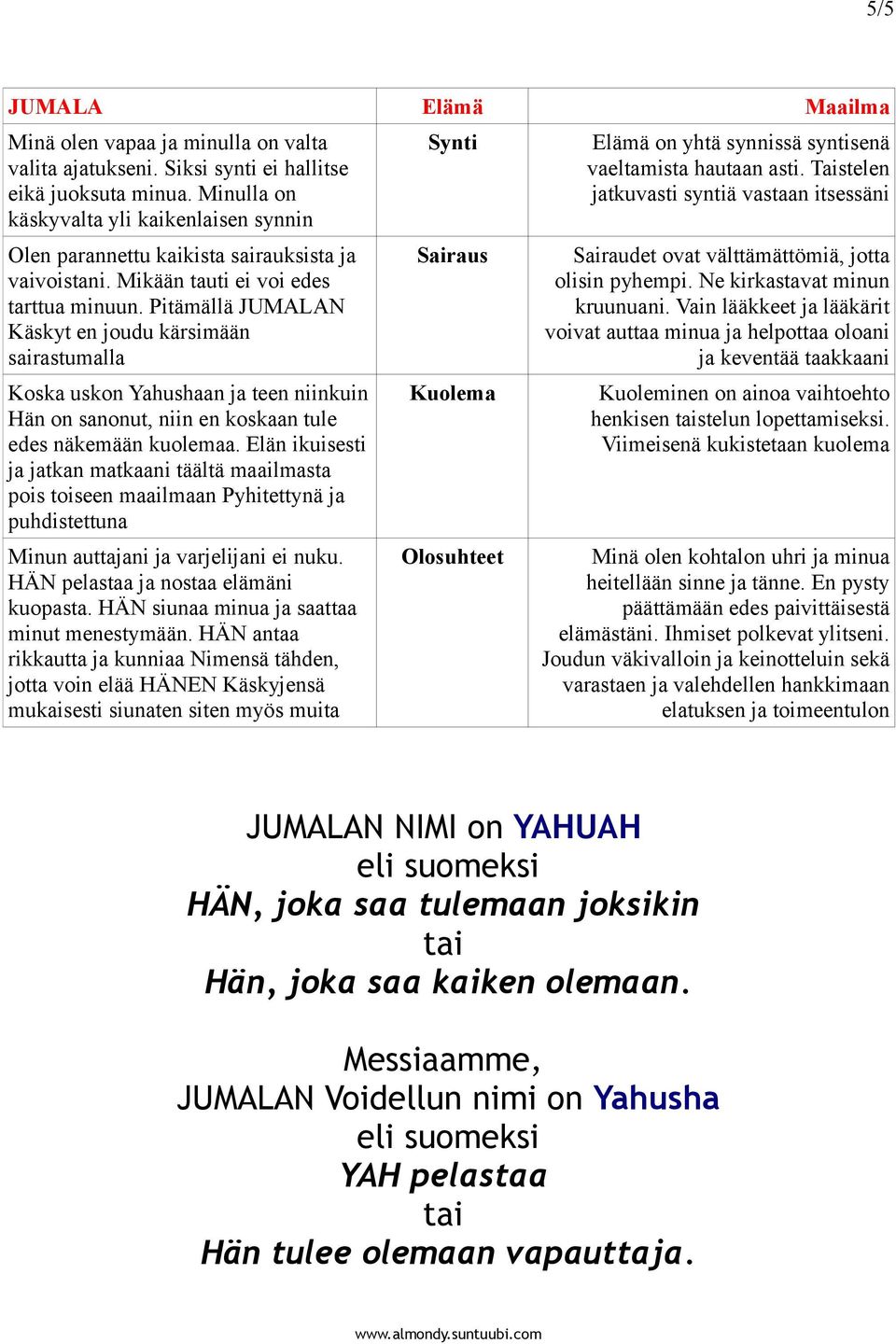 Pitämällä JUMALAN Käskyt en joudu kärsimään sairastumalla Koska uskon Yahushaan ja teen niinkuin Hän on sanonut, niin en koskaan tule edes näkemään kuolemaa.