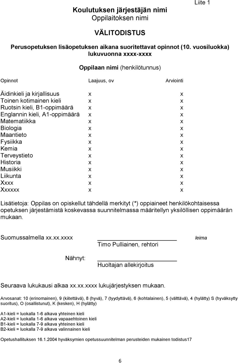 kieli, A1-oppimäärä x x Matematiikka x x Biologia x x Maantieto x x Fysiikka x x Kemia x x Terveystieto x x Historia x x Musiikki x x Liikunta x x Xxxx x x Xxxxxx x x Lisätietoja: Oppilas on