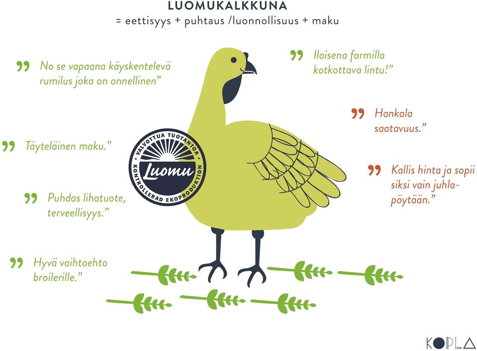 Puhdas lihatuote, terveellisyys. Iloisena farmilla kotkottava lintu!