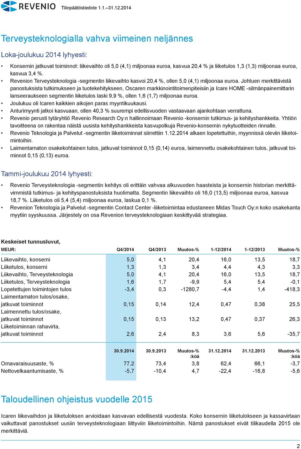 Johtuen merkittävistä panostuksista tutkimukseen ja tuotekehitykseen, Oscaren markkinointitoimenpiteisiin ja Icare HOME -silmänpainemittarin lanseeraukseen segmentin liiketulos laski 9,9 %, ollen 1,6