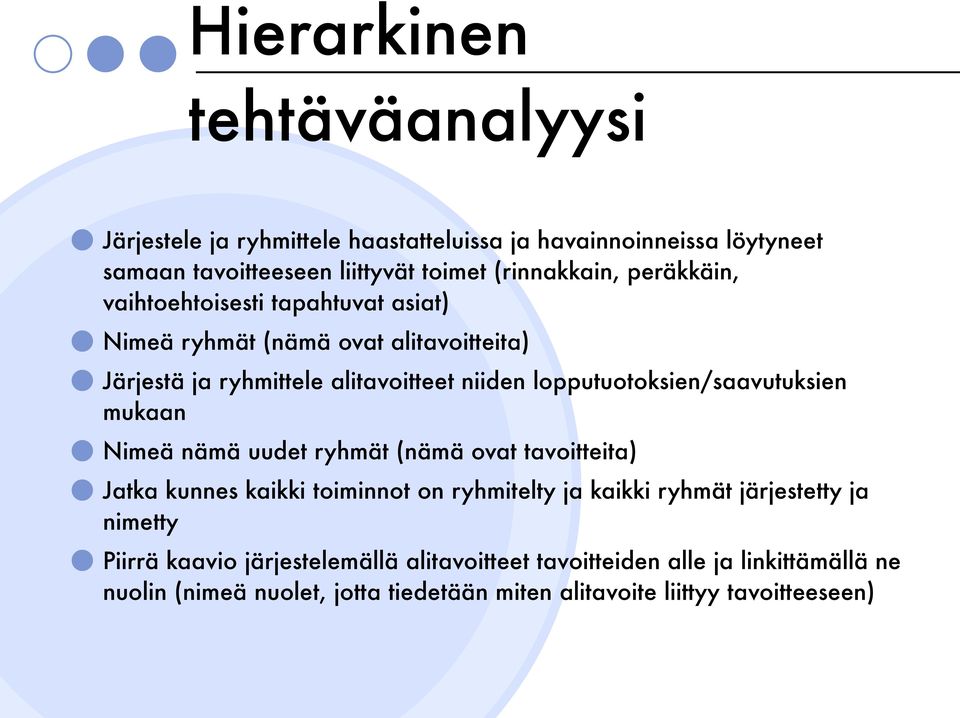 lopputuotoksien/saavutuksien mukaan Nimeä nämä uudet ryhmät (nämä ovat tavoitteita) Jatka kunnes kaikki toiminnot on ryhmitelty ja kaikki ryhmät