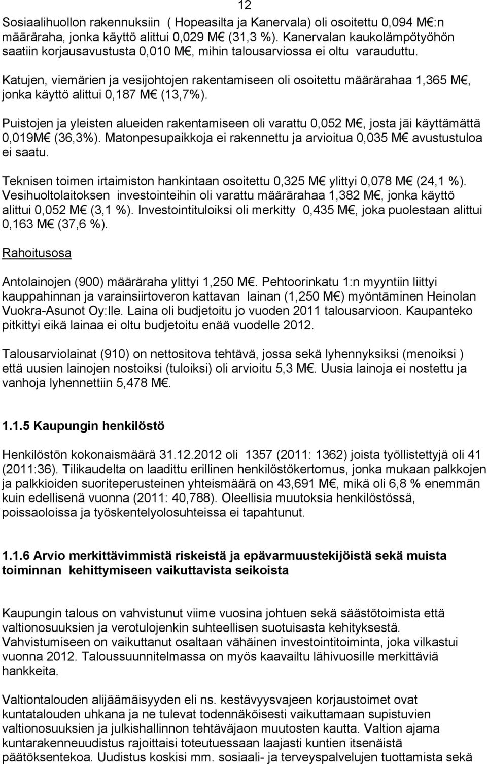 Katujen, viemärien ja vesijohtojen rakentamiseen oli osoitettu määrärahaa 1,365 M, jonka käyttö alittui 0,187 M (13,7%).