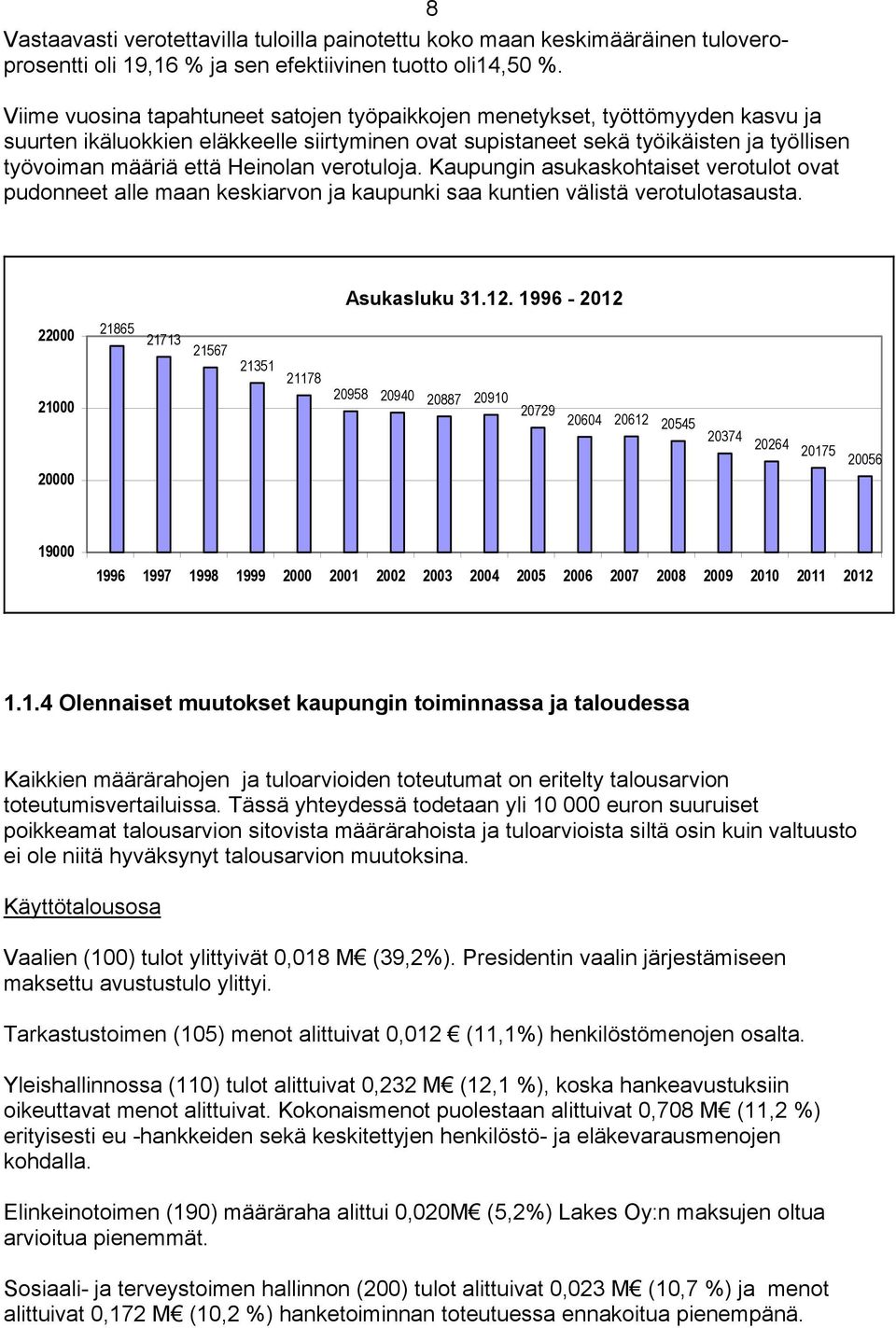 Heinolan verotuloja. Kaupungin asukaskohtaiset verotulot ovat pudonneet alle maan keskiarvon ja kaupunki saa kuntien välistä verotulotasausta. Asukasluku 31.12.