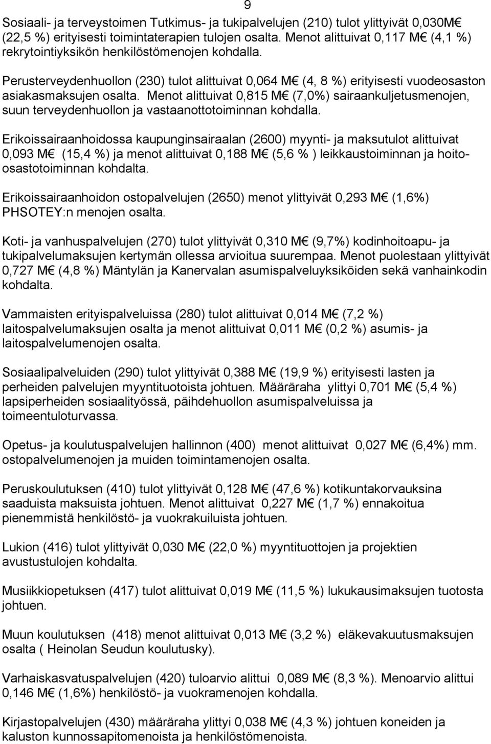 Menot alittuivat 0,815 M (7,0%) sairaankuljetusmenojen, suun terveydenhuollon ja vastaanottotoiminnan kohdalla.