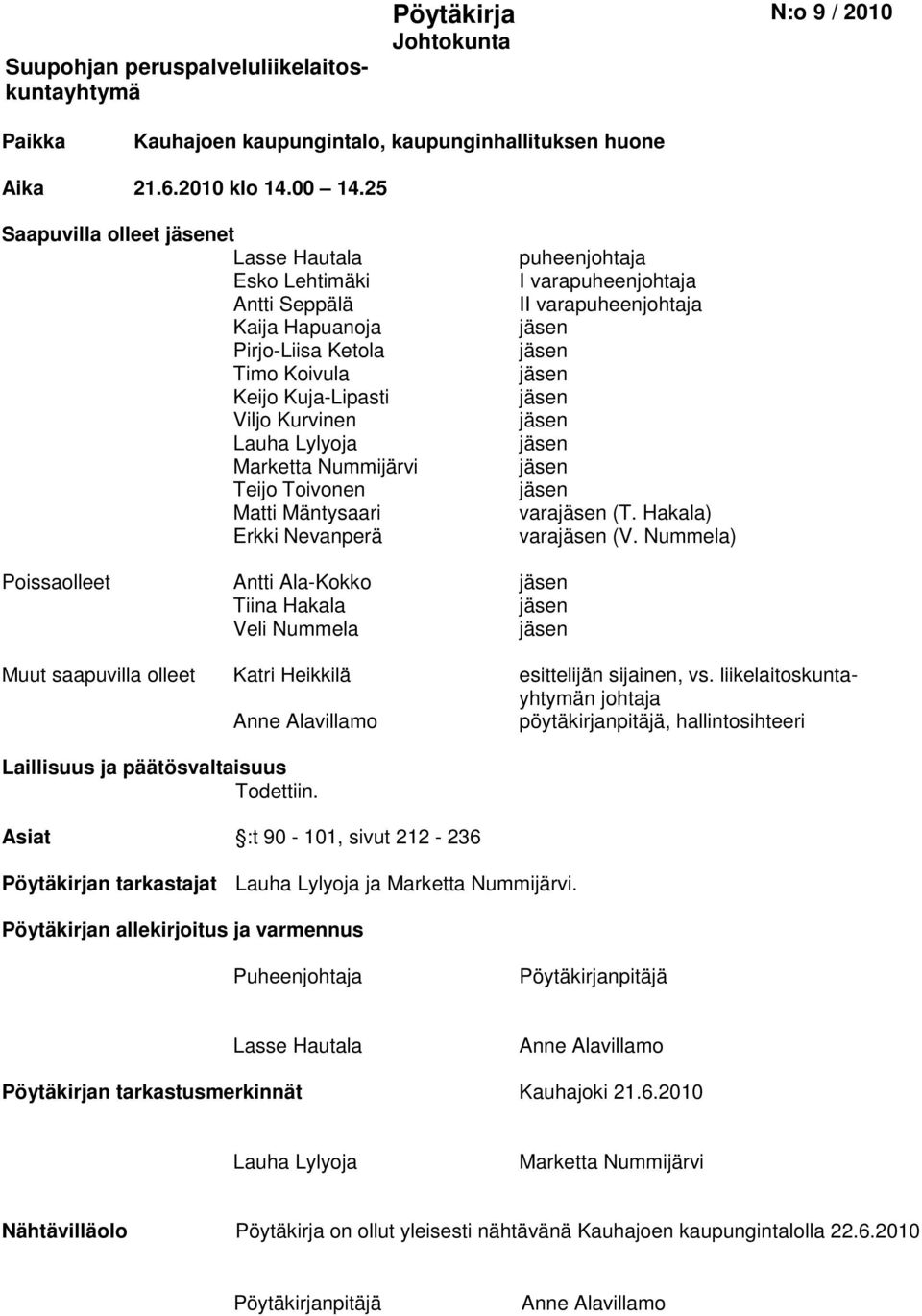Toivonen Matti Mäntysaari Erkki Nevanperä puheenjohtaja I varapuheenjohtaja II varapuheenjohtaja jäsen jäsen jäsen jäsen jäsen jäsen jäsen jäsen varajäsen (T. Hakala) varajäsen (V.