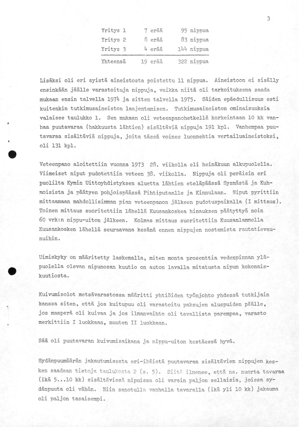 Tutkimusaineiston ominaisuuksia Sen mukaan oli veteenpanehetkellä korkeintaan kk van haa puutavaraa (hakkuusta lähtien) sisältäviä nippuja 9 kpl Vanhempaa puu tavaraa sisältäviä nippuja, joita tässä