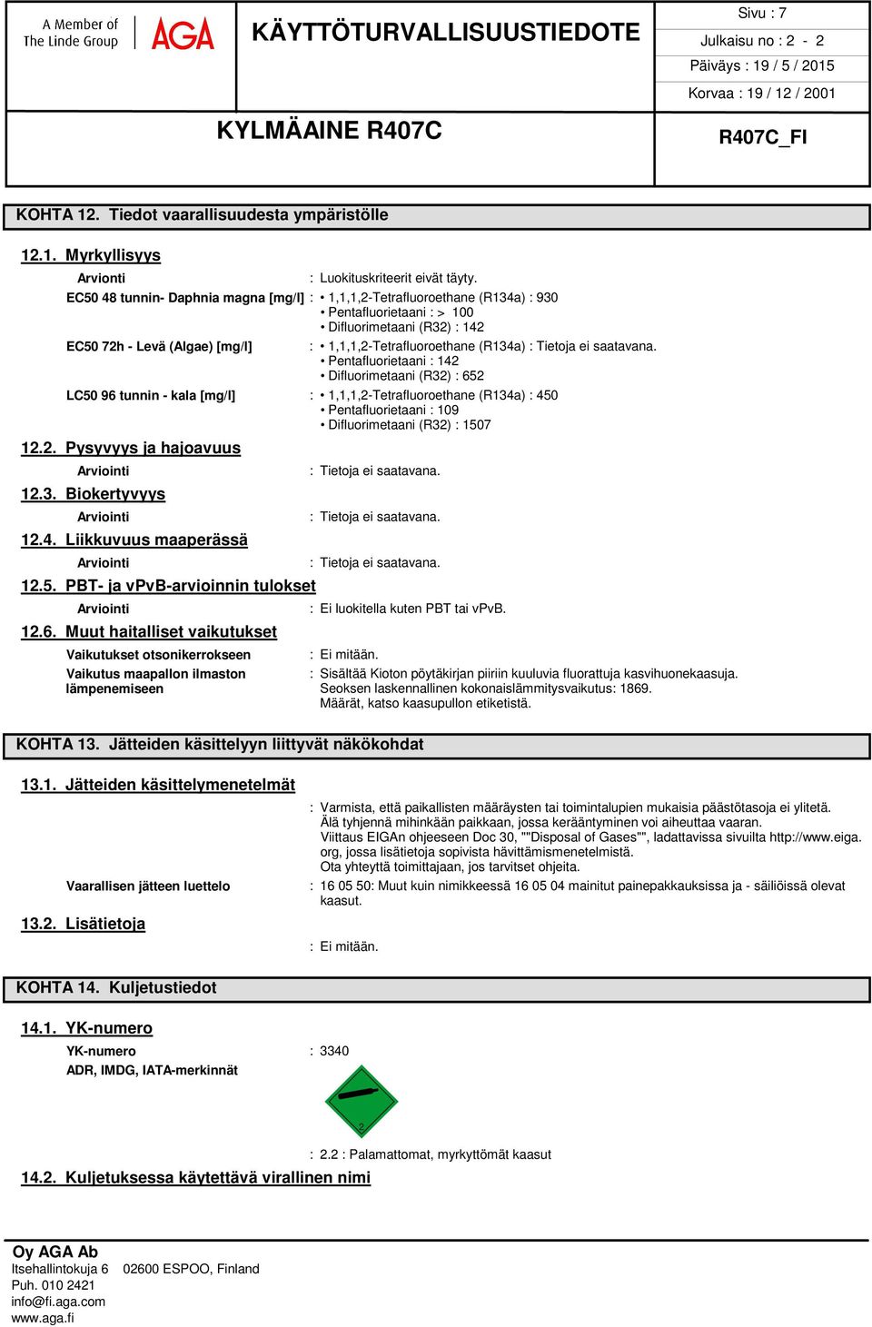 Pentafluorietaani : 142 Difluorimetaani (R32) : 652 LC50 96 tunnin - kala [mg/l] : 1,1,1,2-Tetrafluoroethane (R134a) : 450 Pentafluorietaani : 109 Difluorimetaani (R32) : 1507 12.2. Pysyvyys ja hajoavuus Arviointi 12.