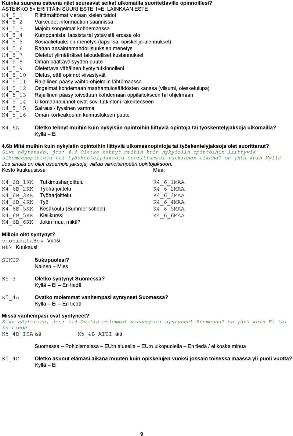 tai ystävistä erossa olo K4_5_5 Sosiaalietuuksien menetys (lapsilisä, opiskelija-alennukset) K4_5_6 Rahan ansaintamahdollisuuksien menetys K4_5_7 Oletetut ylimääräiset taloudelliset kustannukset