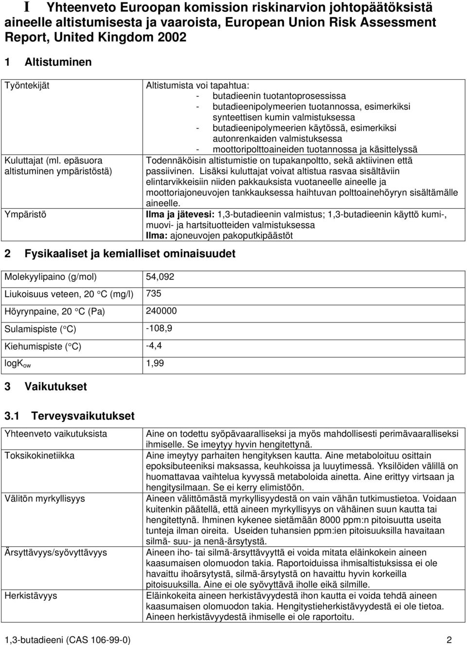 Sulamispiste ( C) -108,9 Kiehumispiste ( C) -4,4 logk ow 1,99 3 Vaikutukset Altistumista voi tapahtua: - butadieenin tuotantoprosessissa - butadieenipolymeerien tuotannossa, esimerkiksi synteettisen