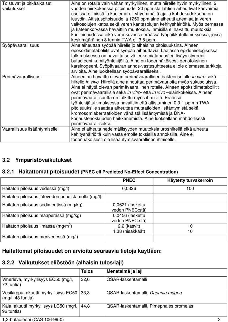 Altistuspitoisuudella 1250 ppm aine aiheutti anemiaa ja veren valkosolujen katoa sekä veren kantasolujen kehityshäiriöitä. Myös pernassa ja kateenkorvassa havaittiin muutoksia.