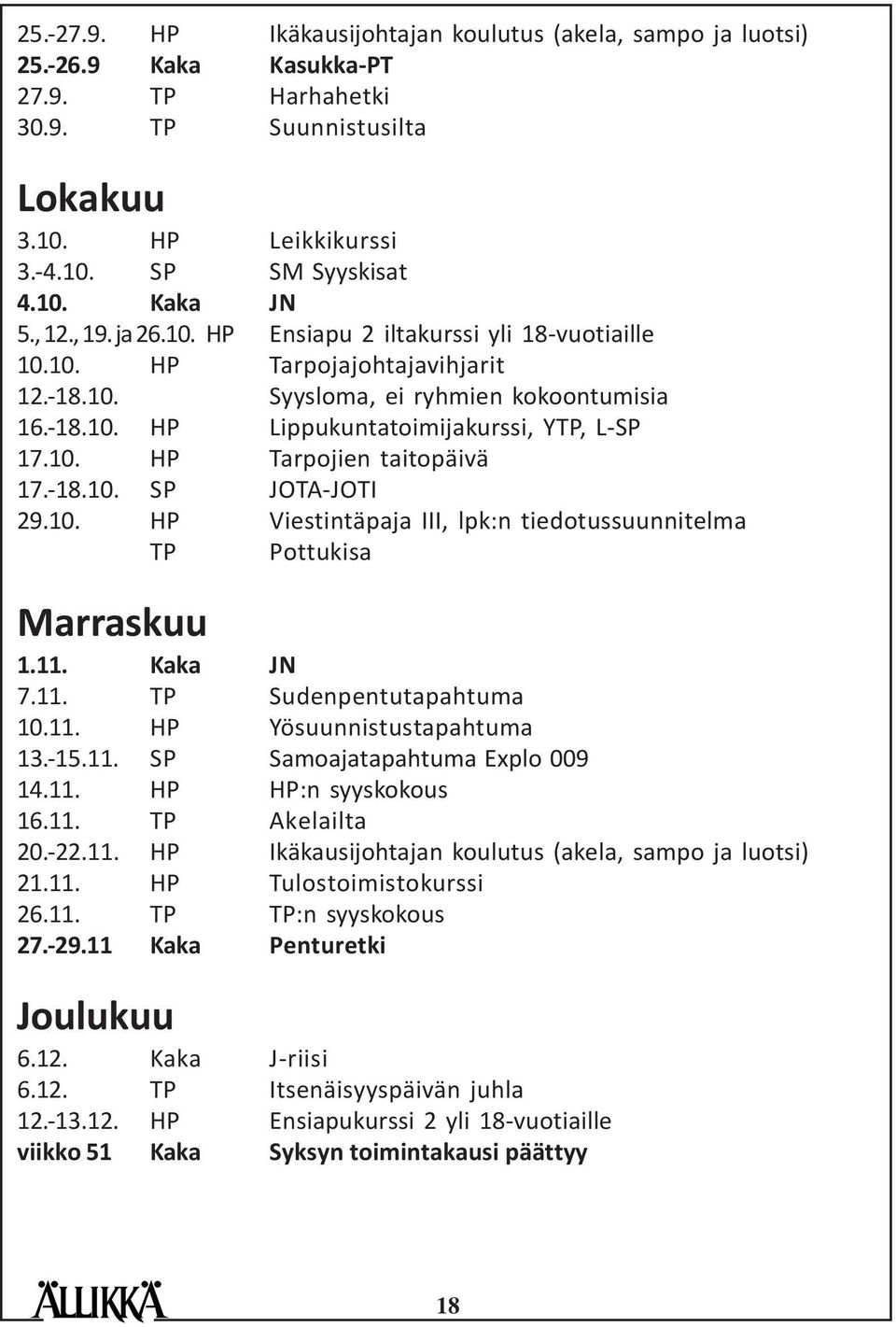 -18.10. SP JOTA-JOTI 29.10. HP Viestintäpaja III, lpk:n tiedotussuunnitelma TP Pottukisa Marraskuu 1.11. Kaka JN 7.11. TP Sudenpentutapahtuma 10.11. HP Yösuunnistustapahtuma 13.-15.11. SP Samoajatapahtuma Explo 009 14.