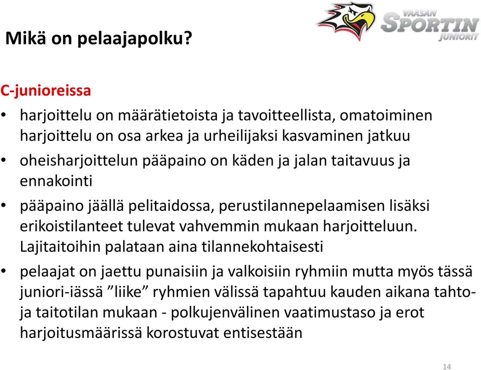 pääpaino on käden ja jalan taitavuus ja ennakointi pääpaino jäällä pelitaidossa, perustilannepelaamisen lisäksi erikoistilanteet tulevat vahvemmin mukaan