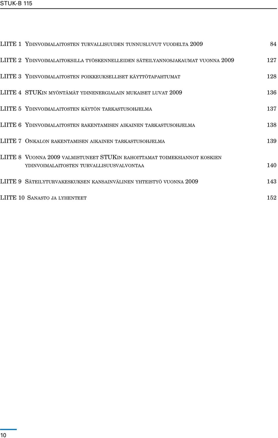 LIITE 6 Ydinvoimalaitosten rakentamisen aikainen tarkastusohjelma 138 LIITE 7 Onkalon rakentamisen aikainen tarkastusohjelma 139 LIITE 8 Vu o n n a 2009 valmistuneet STUKin