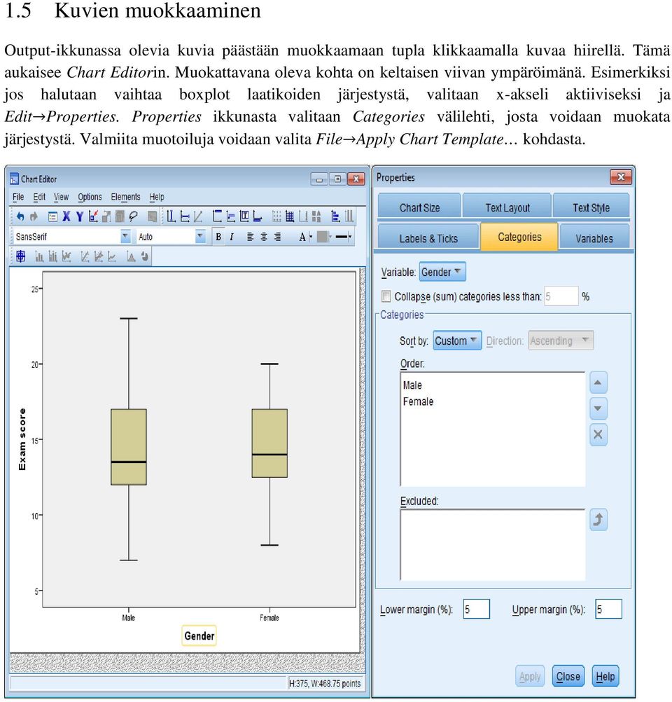 Esimerkiksi jos halutaan vaihtaa boxplot laatikoiden järjestystä, valitaan x-akseli aktiiviseksi ja Edit Properties.